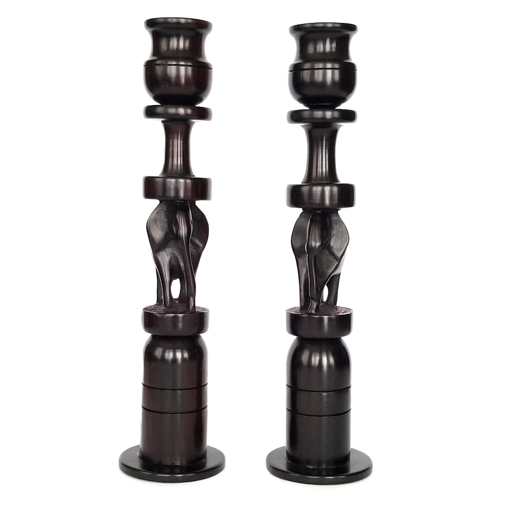 Candle Holders with Carved Elephants